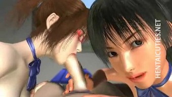 Slutty 3D anime lesbians share cock