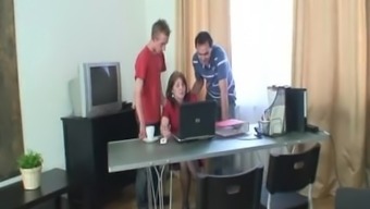 Threesome with old woman in the office