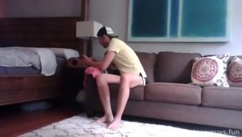 Bottom guy blindfold himself, bend over and wait for his anon