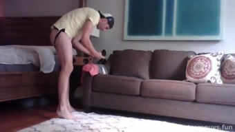 Bottom guy blindfold himself, bend over and wait for his anon