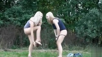 Czech shaved blondes pee in the grass