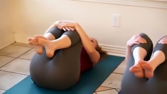 Cameltoe show with two sexy yoga trainers