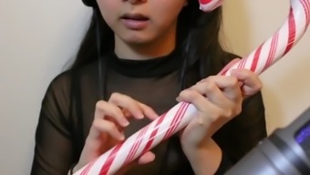 Asmr asian girl sensually licks huge candy cane