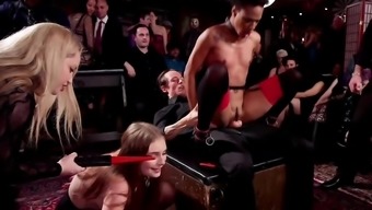 Inked guy and blonde dominatrix humiliate sluts during party