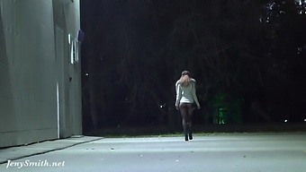 Deep Evening - Russian Jeny Smith walks in public in transparent pantyhose without panties.