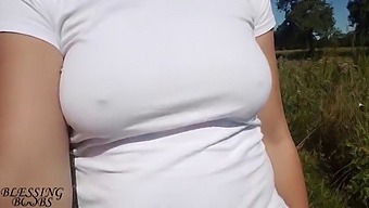 Nice walk without a bra, nipples shine through my white shirt see through shirt - boob walk