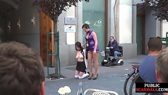 Mistress MILF shows and humiliates public naked sub outdoor