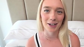Brand new blonde teen sticks her tongue in the cameraman's ass