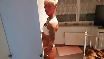 German skinny blond short hair tattoo teen at homemade POV amateur sex