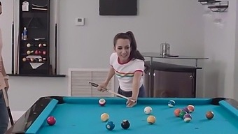 Teen stepbrother gets a blowjob from stepfamily mom while playing billiards