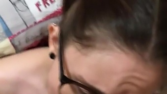 Evening blowjob before going to bed by nerdy Brunette with pigtails