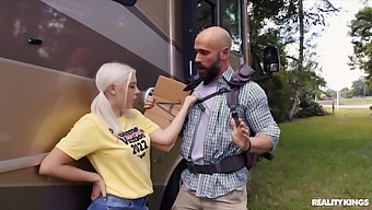 A lovely blonde gives permission for foreigner man join her into her bus home to make love her brains out.