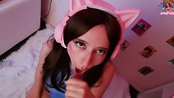 Overwatch cosplay girl gets face fucked after riding dildo and taking facial