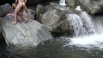 Teen (18+) couple climbs on rock for hot outdoor sex