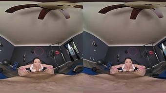 Petite brunette gets a blowjob and big tits in VR porn