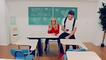 Big titted blonde MILF gets her student's cock in her mouth and pussy